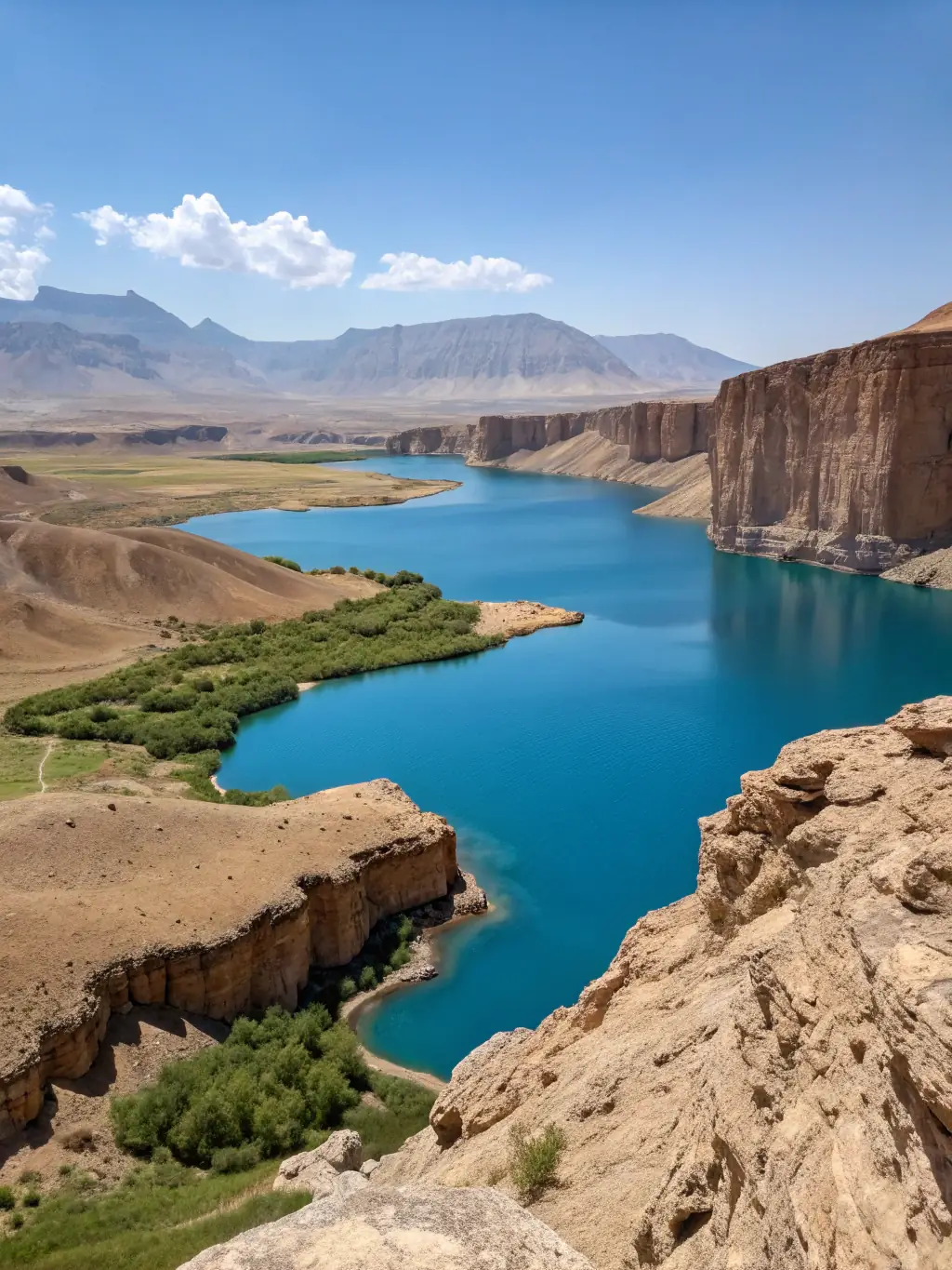 A scenic view of the Band-e-Amir National Park in Afghanistan, showcasing its stunning blue lakes and rocky cliffs, under a clear sky. This image represents one of Afghanistan's most beautiful natural attractions.