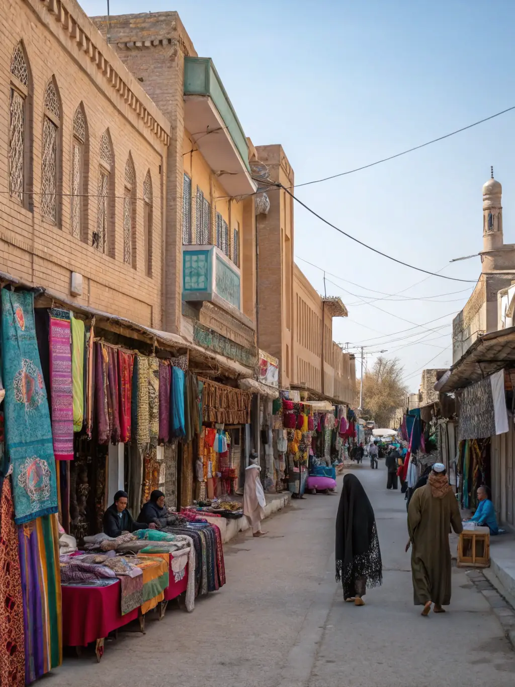 A bustling street scene in Herat, Afghanistan, with vibrant markets, traditional architecture, and locals engaging in daily activities. The image captures the city's lively atmosphere and cultural richness.