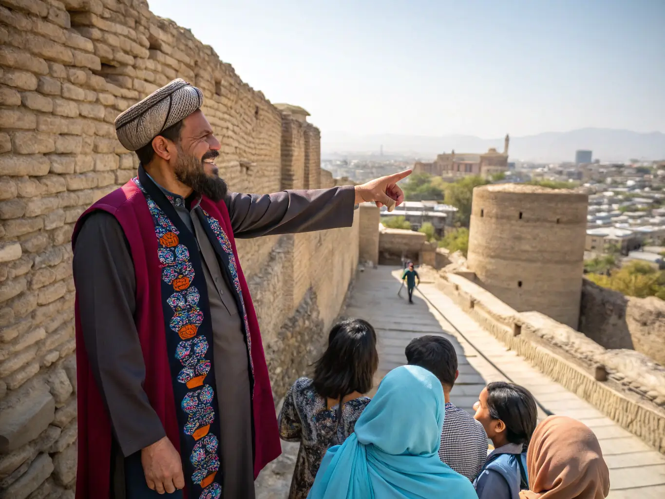 A friendly tour guide explaining historical sites to a group of tourists in Kabul, Afghanistan, with the ancient Bala Hissar fortress in the background.