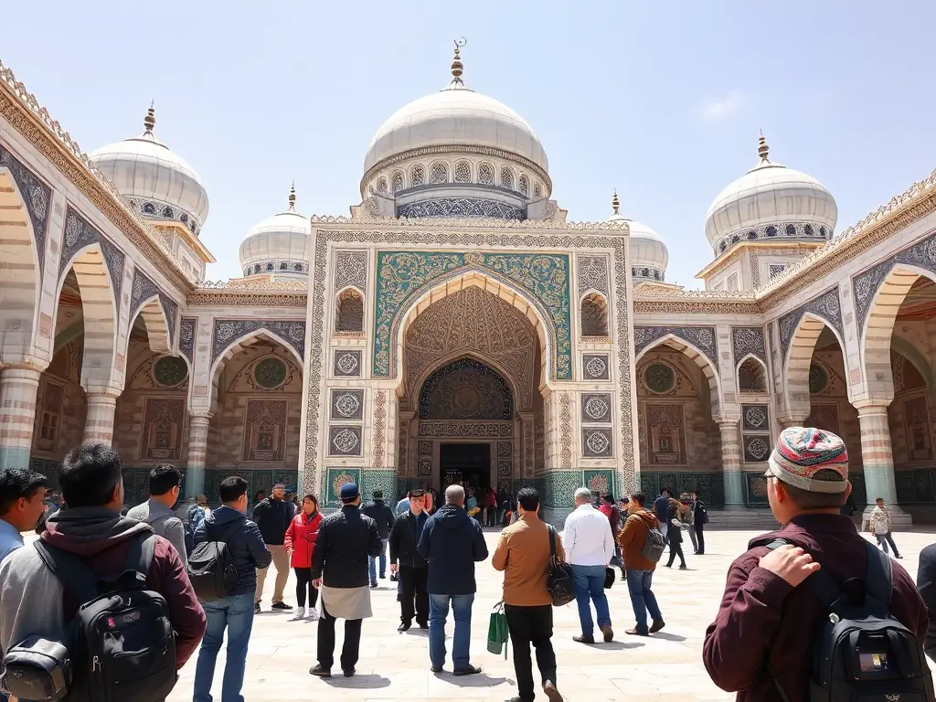 A detailed image showcasing the Mausoleum of Ahmad Shah Durrani in Qandahar, with tourists exploring the historical site under the guidance of a tour guide.