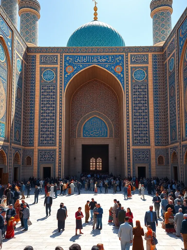 A vibrant image showcasing the Friday Mosque in Herat, with intricate tile work and bustling crowds of worshippers and tourists.