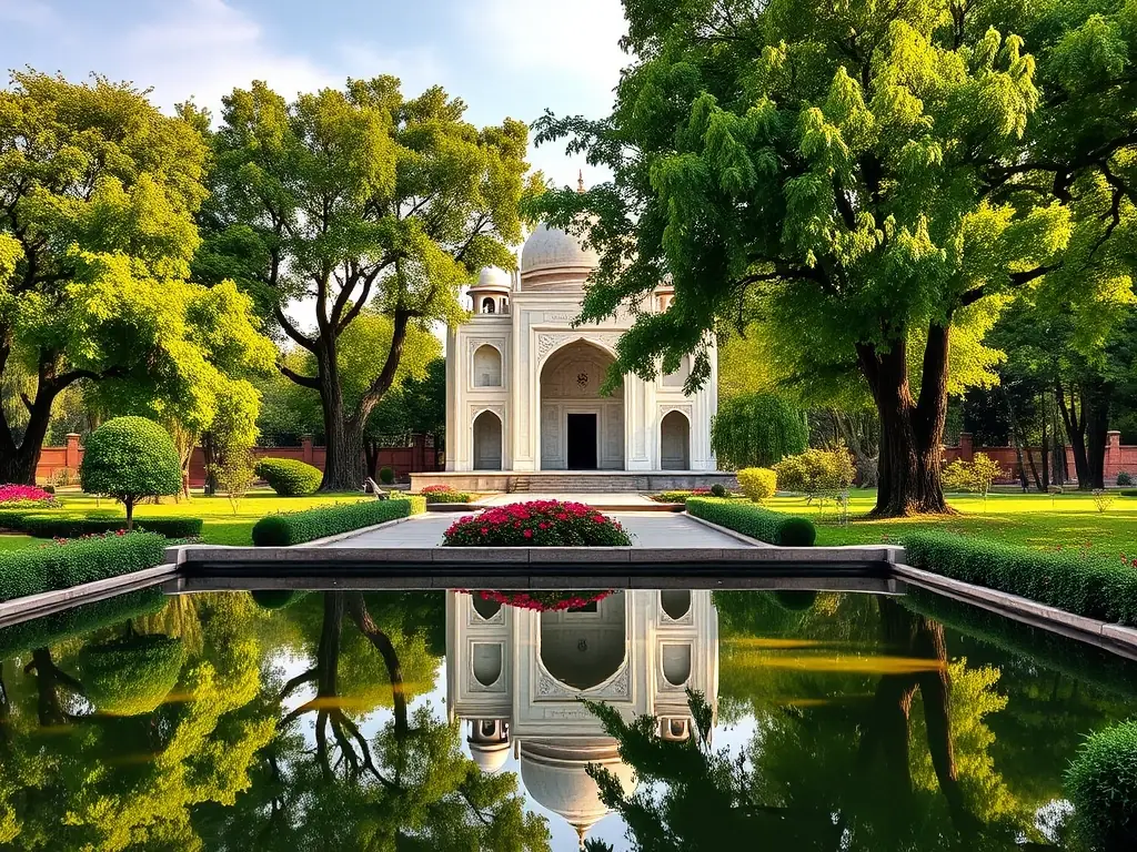 A detailed photograph of the historic Babur Gardens in Kabul, showcasing the lush greenery, serene water features, and the tomb of Emperor Babur, capturing the essence of tranquility and historical significance.