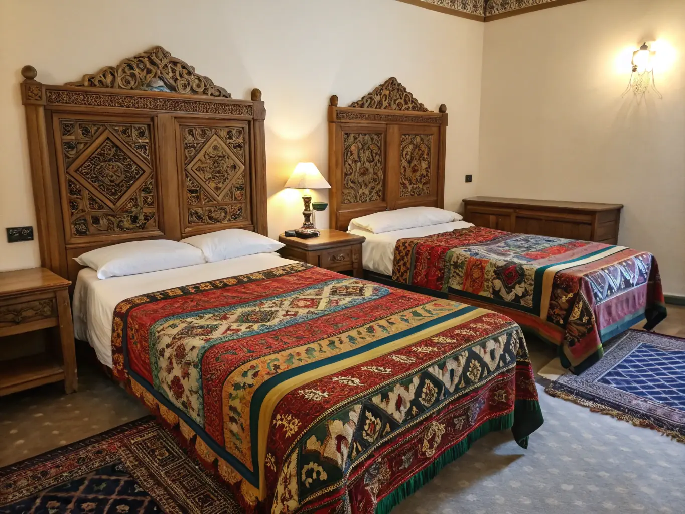 A cozy hotel room with traditional Afghan decor and modern amenities, showcasing comfort and hospitality.