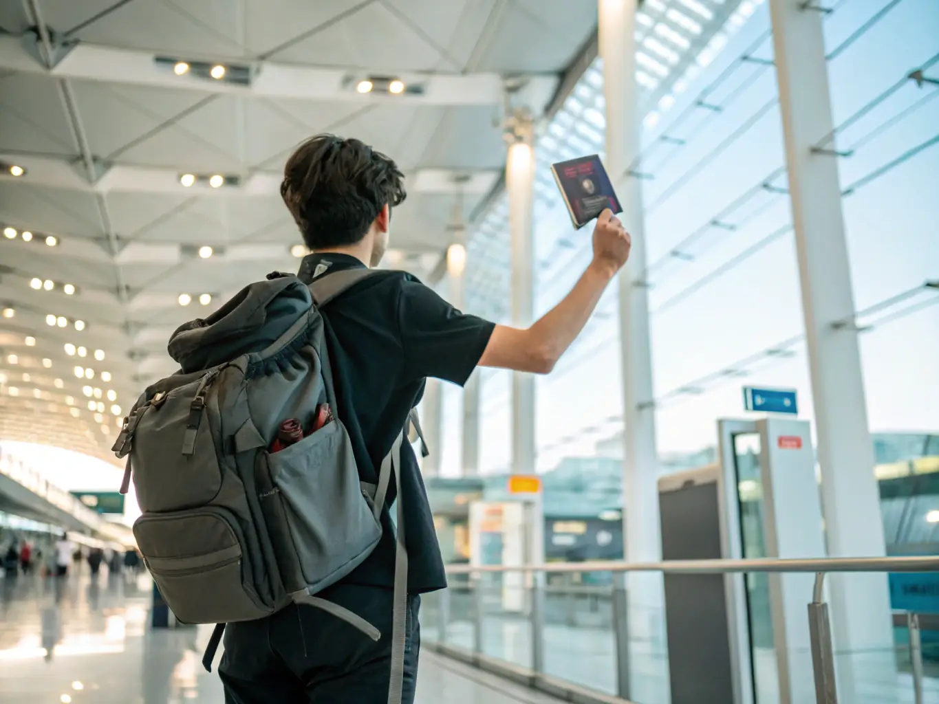A traveler holding a flight ticket with a backdrop of Kabul airport, ready for their next adventure.