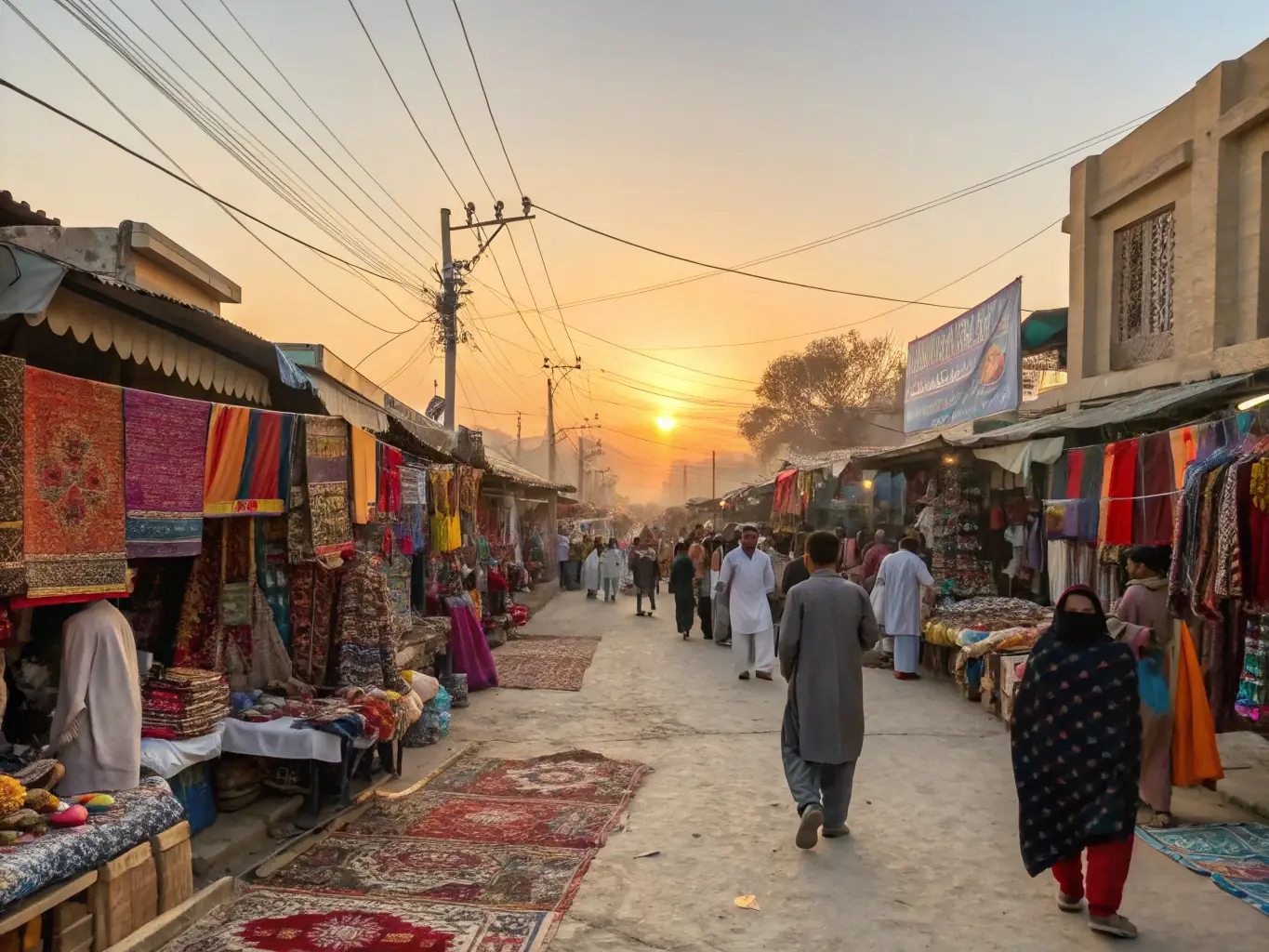 A vibrant image capturing the bustling atmosphere of a local bazaar in Qandahar, with vendors selling traditional Afghan goods and tourists interacting with the locals.