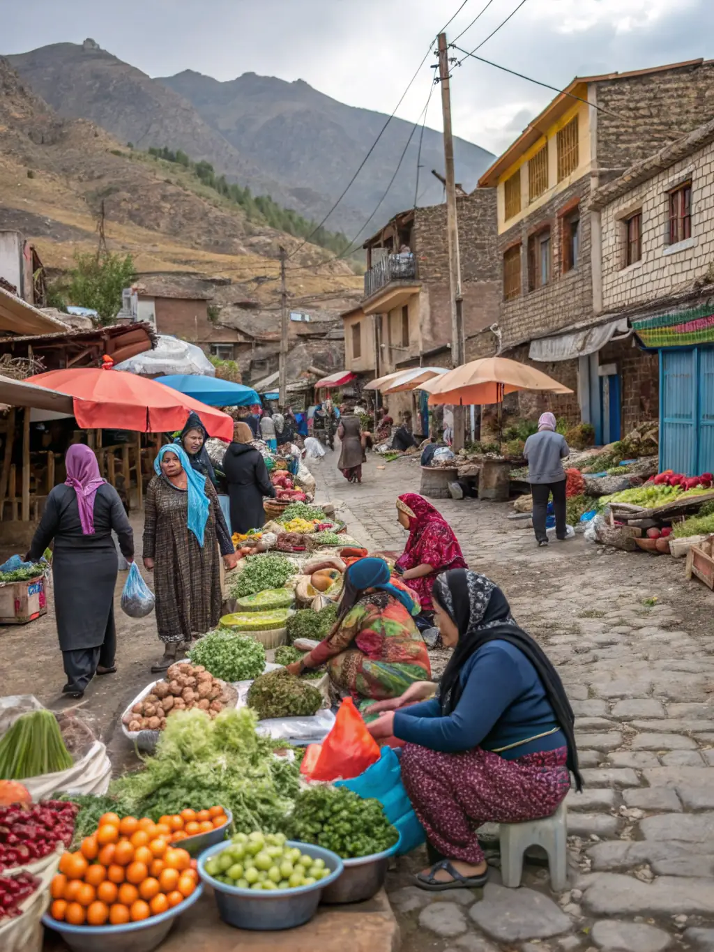 A lively image of a bustling local bazaar in Qandahar, Afghanistan, filled with vendors selling spices, textiles, and local goods, representing an authentic market experience for a tour package.