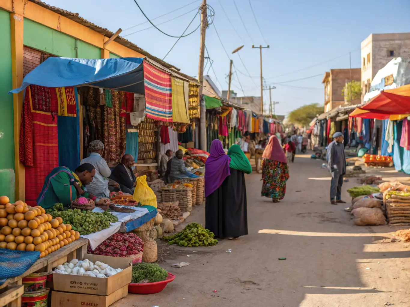 A vibrant photograph capturing the bustling local market in Bamyan, Afghanistan, filled with vendors selling traditional handicrafts, colorful textiles, and fresh produce, with local people engaging in trade and conversation.