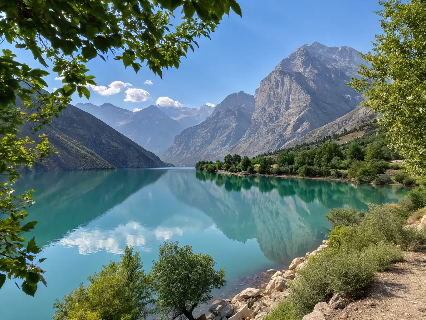 A stunning panoramic view of Band-e-Amir National Park in Bamyan, Afghanistan, showcasing the series of deep blue lakes surrounded by towering cliffs and rocky terrain, reflecting the clear sky above.