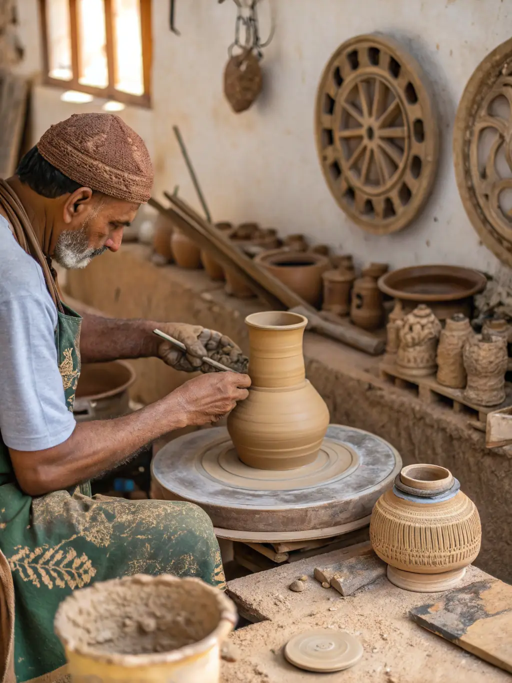 A detailed image of local artisans crafting traditional pottery in Qandahar, Afghanistan, showcasing the cultural heritage and craftsmanship for a cultural immersion tour package.