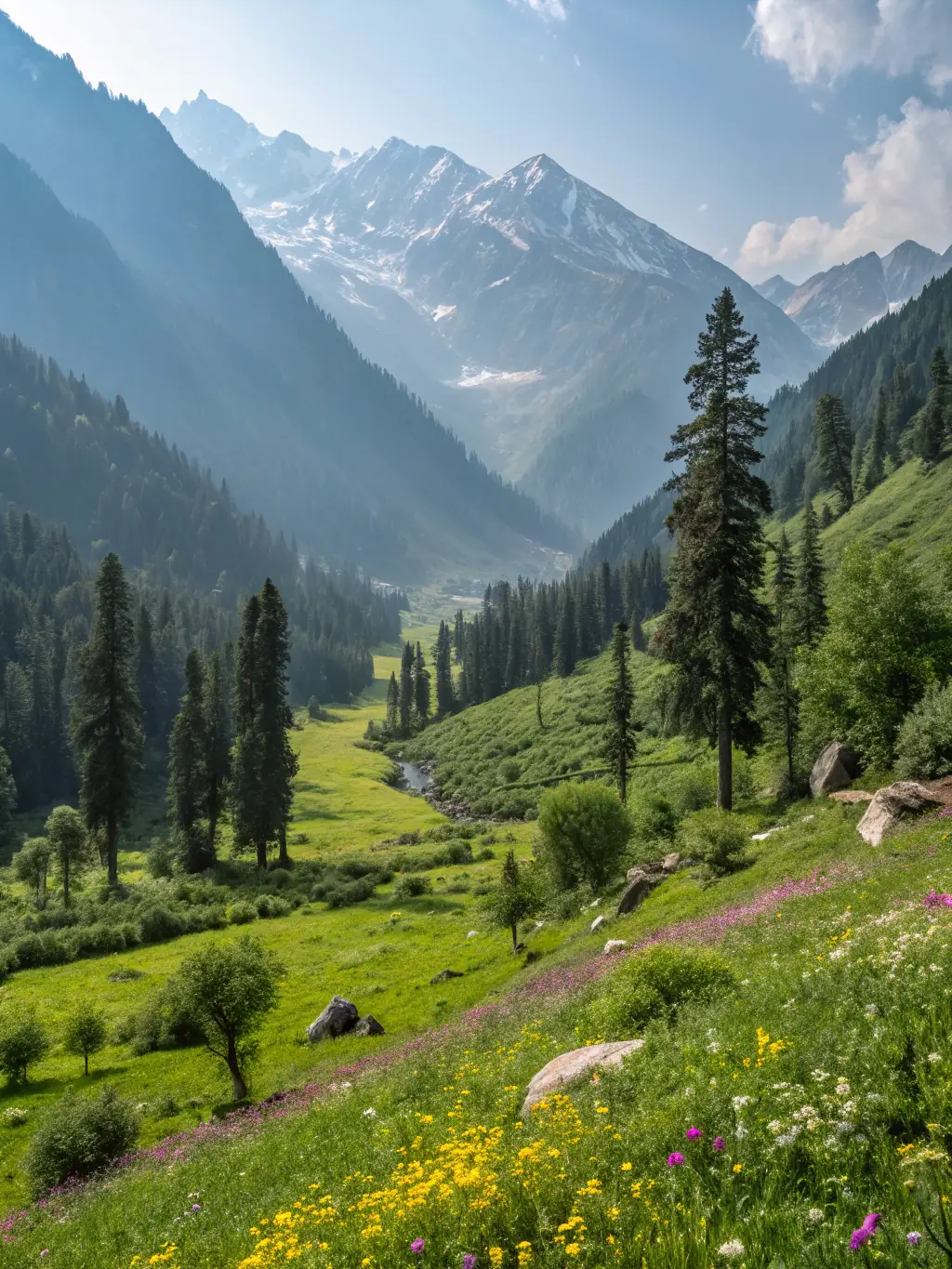 A serene landscape of the Kunar River flowing through Jalalabad, surrounded by lush greenery and distant mountains, highlighting the natural beauty and agricultural significance of the region.