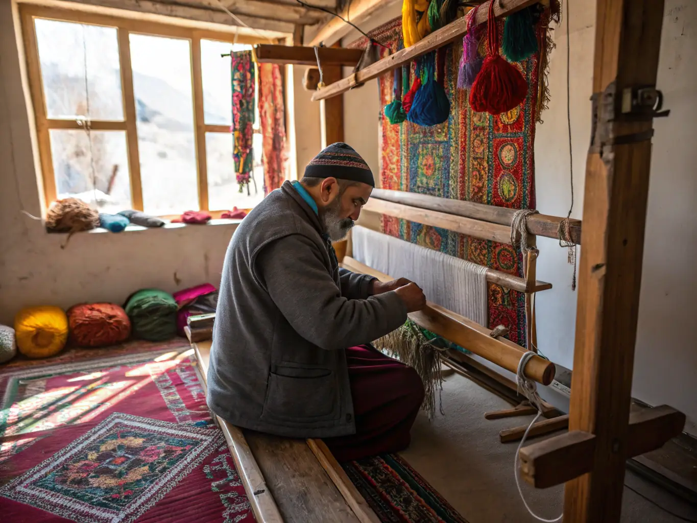 A vibrant photo of a local artisan in Bamyan crafting traditional carpets, showcasing the intricate designs and cultural significance of the craft.
