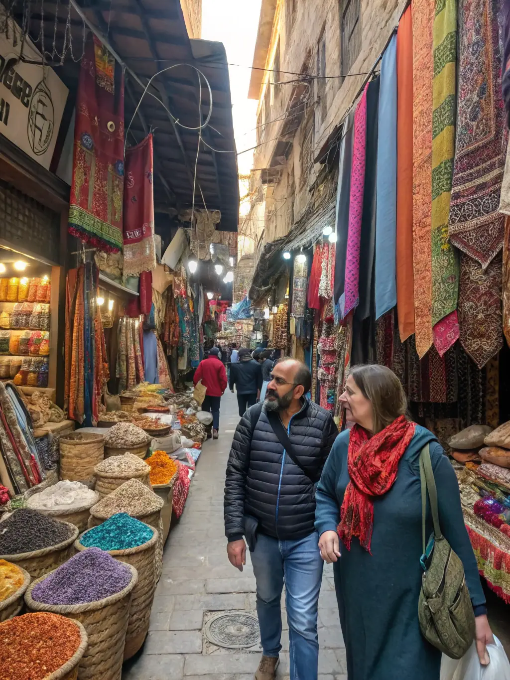 A bustling scene from the Jalalabad Bazaar, filled with colorful textiles, fresh produce, and local crafts, capturing the vibrant atmosphere and cultural diversity of the city's marketplace.
