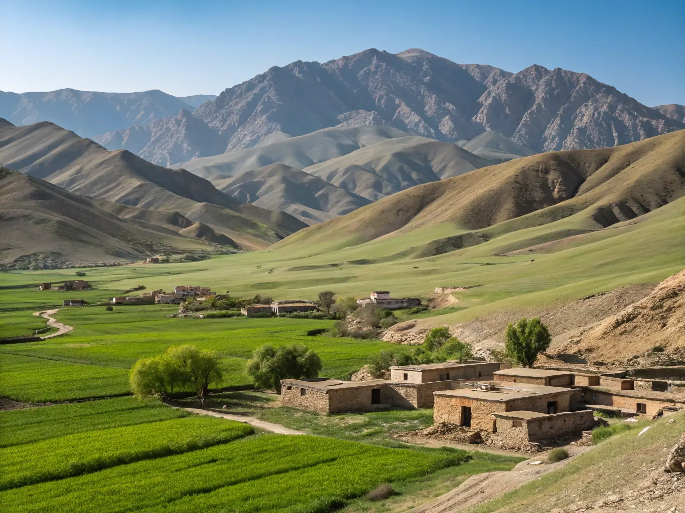 A scenic image of the Arghandab River flowing through the picturesque landscapes of Qandahar, with lush greenery and traditional Afghan villages dotting the riverbanks.
