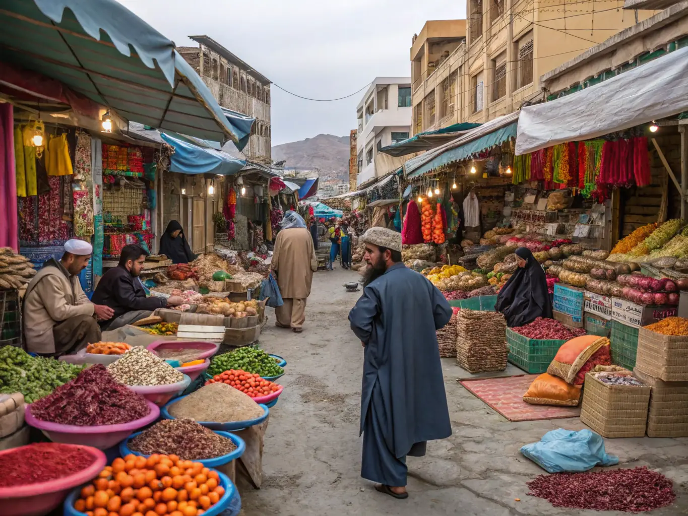A vibrant image of the bustling Jalalabad bazaar, filled with local crafts, spices, and traditional Afghan goods.