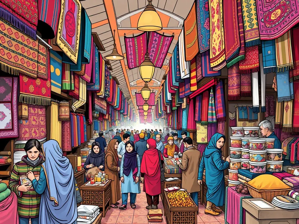A vibrant photograph of the Chicken Street market in Kabul, showcasing the bustling atmosphere, colorful handicrafts, and local vendors, capturing the essence of Afghan culture and commerce.
