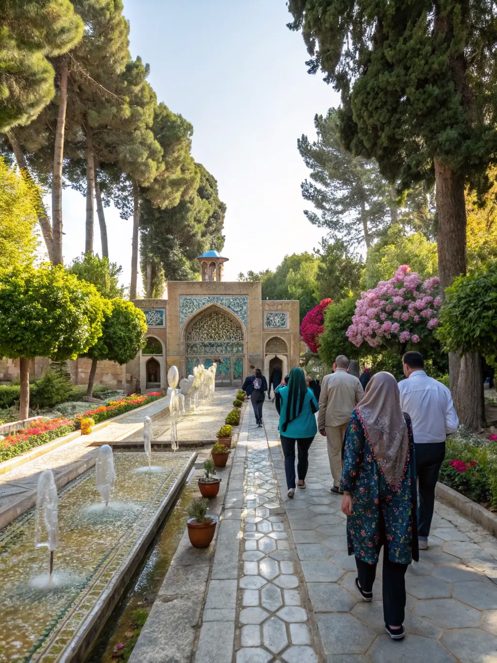 A serene photograph of the Gardens of Babur in Kabul, highlighting the lush greenery, historical architecture, and peaceful ambiance of this Mughal-era garden.