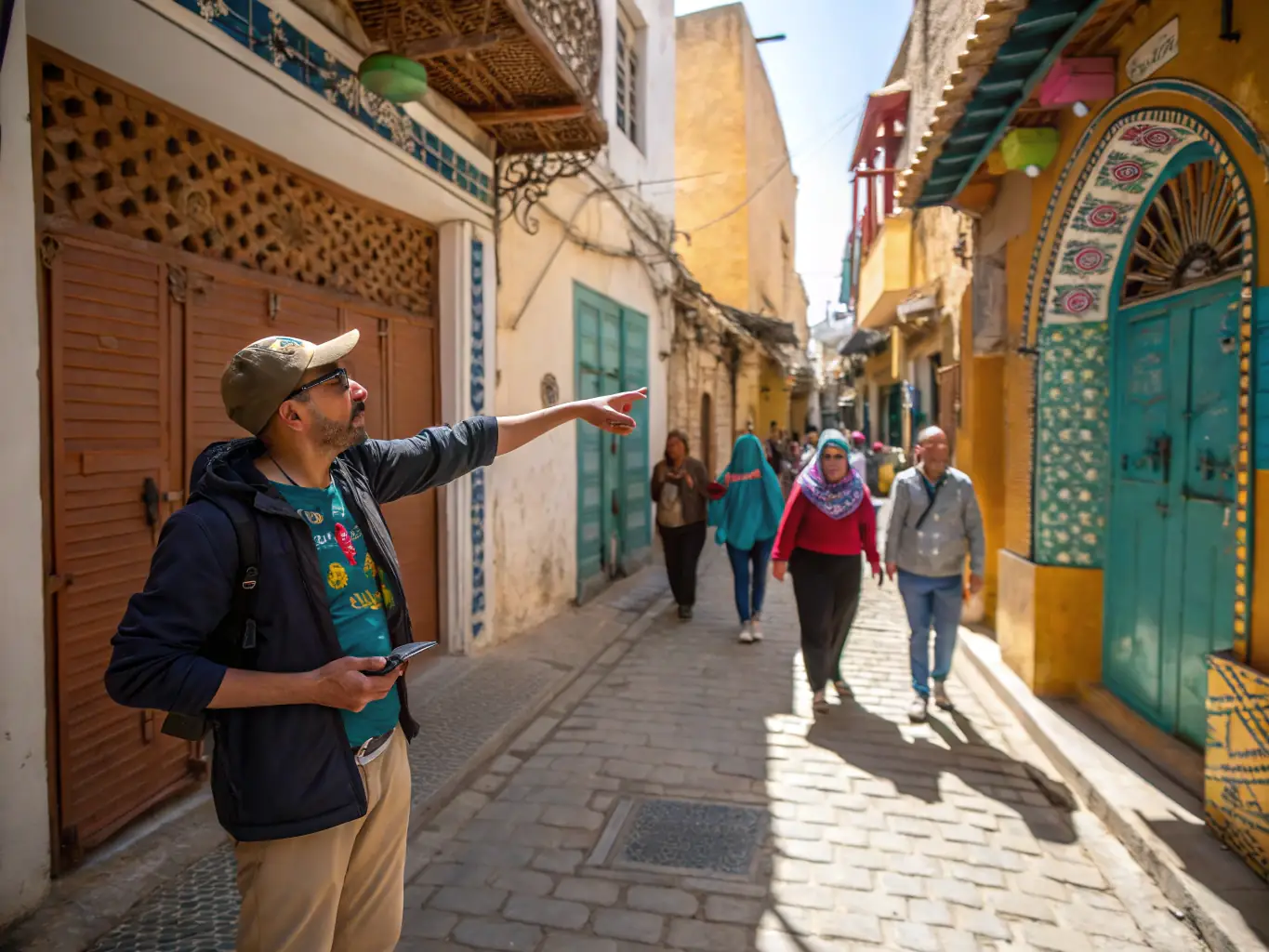 A photograph of a tour guide leading a group of tourists through the ancient city of Herat, Afghanistan, showcasing historical sites and local culture.