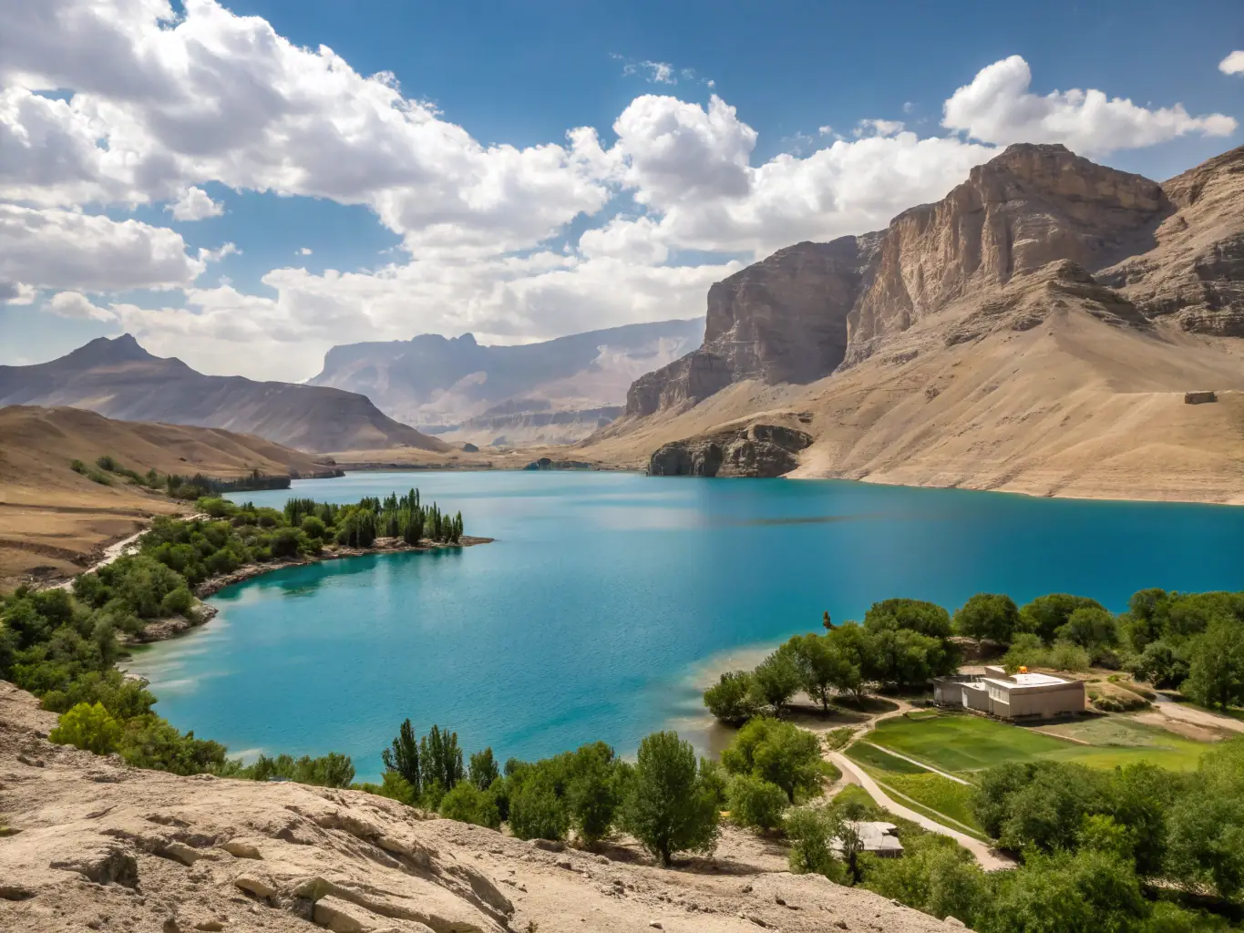 A serene image of the Band-e-Amir National Park in Afghanistan, showcasing its stunning blue lakes surrounded by rocky cliffs. The image should capture the park's natural beauty and tranquility, inviting viewers to explore its wonders.